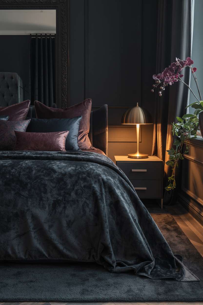 Sophisticated bedroom with charcoal walls and luxurious black velvet bedding