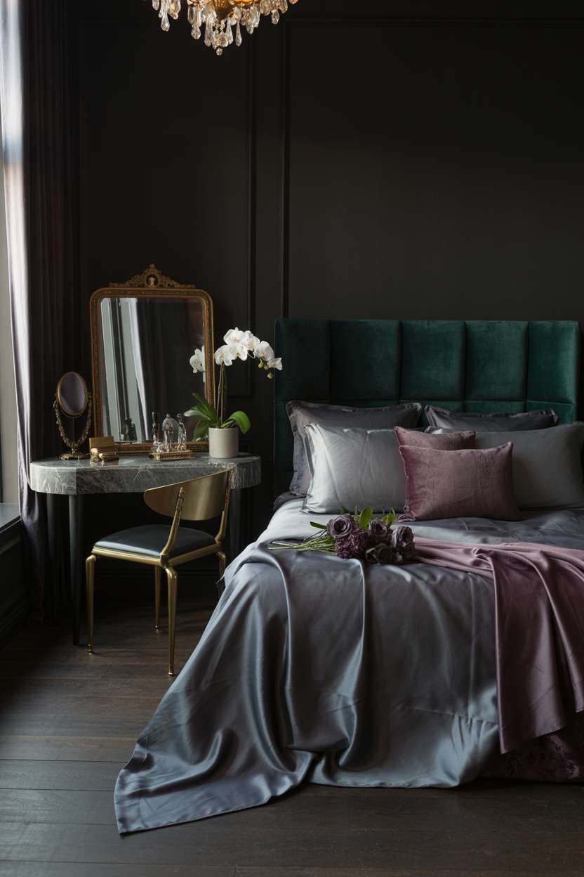 Luxurious dark bedroom with emerald or midnight navy velvet headboard and silk charcoal bedding