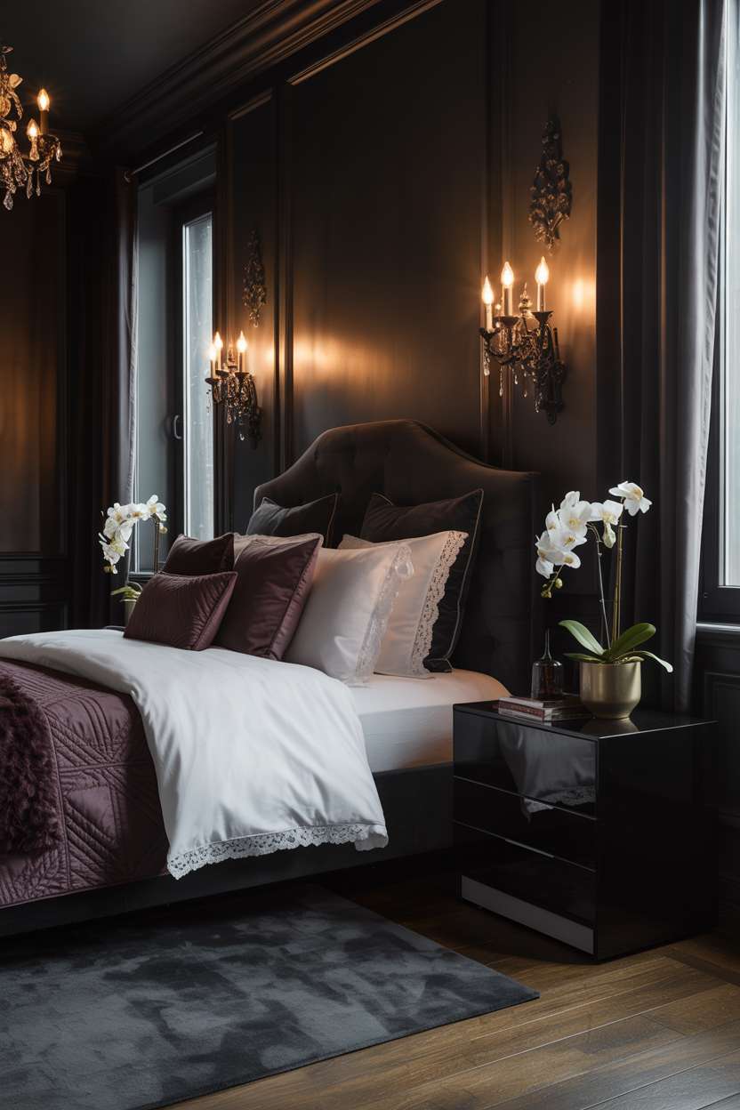 Moody bedroom with midnight navy velvet headboard and crisp white linens with lace trim