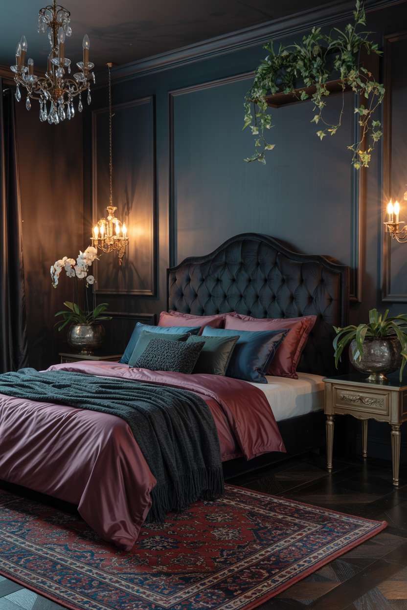 Dark feminine bedroom with black velvet tufted headboard and deep burgundy silk bedding