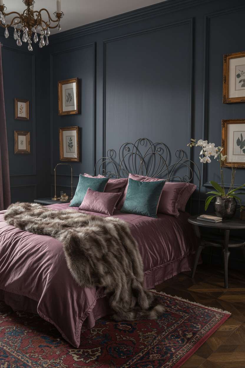 Luxurious bedroom with ornate black wrought iron headboard and burgundy velvet bedding