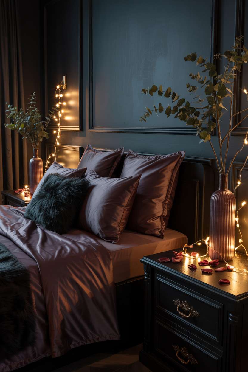 Dark bedroom with charcoal walls and burgundy velvet bedding illuminated by string lights