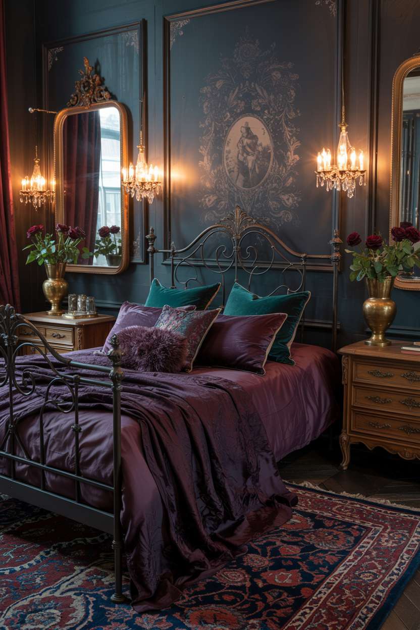 Romantic dark bedroom with ornate wrought iron bed frame and Victorian wallpaper accents