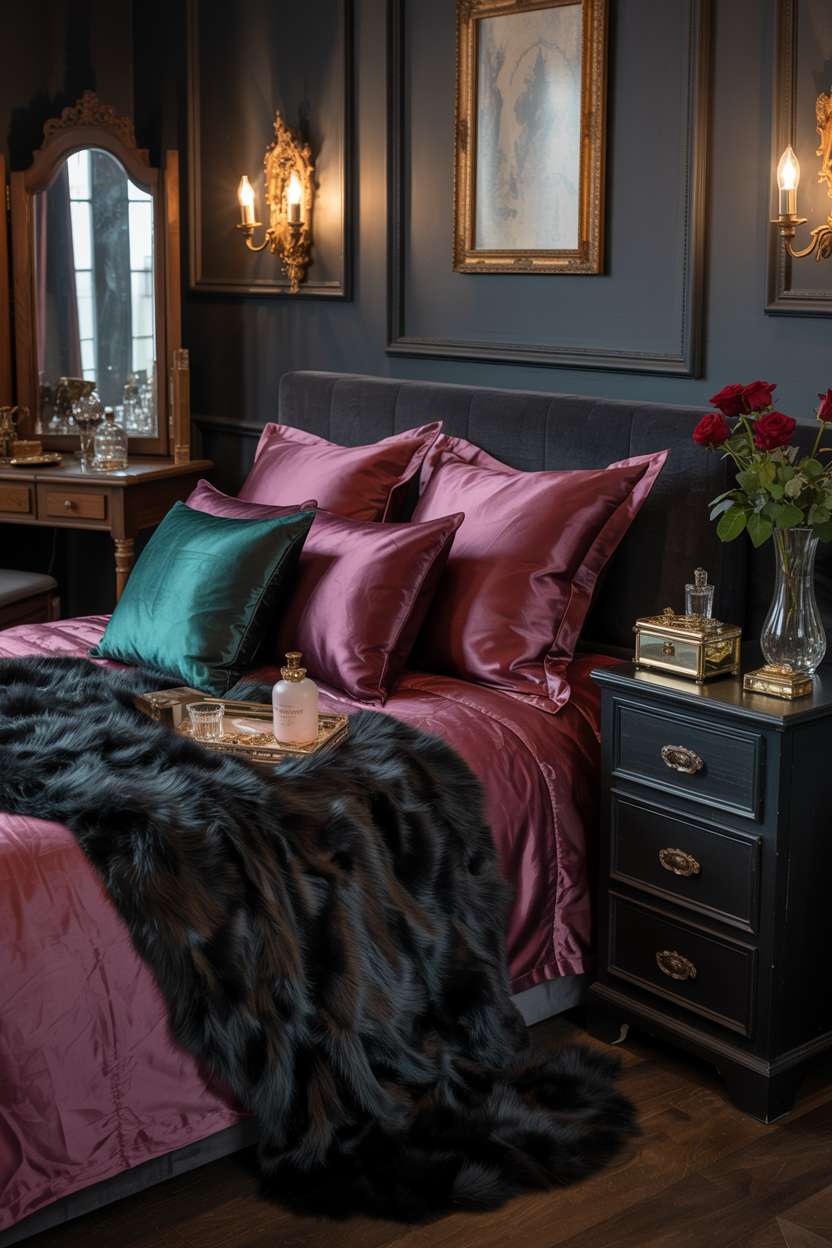 Moody bedroom interior with burgundy velvet bedding and tarnished gold vintage mirrors