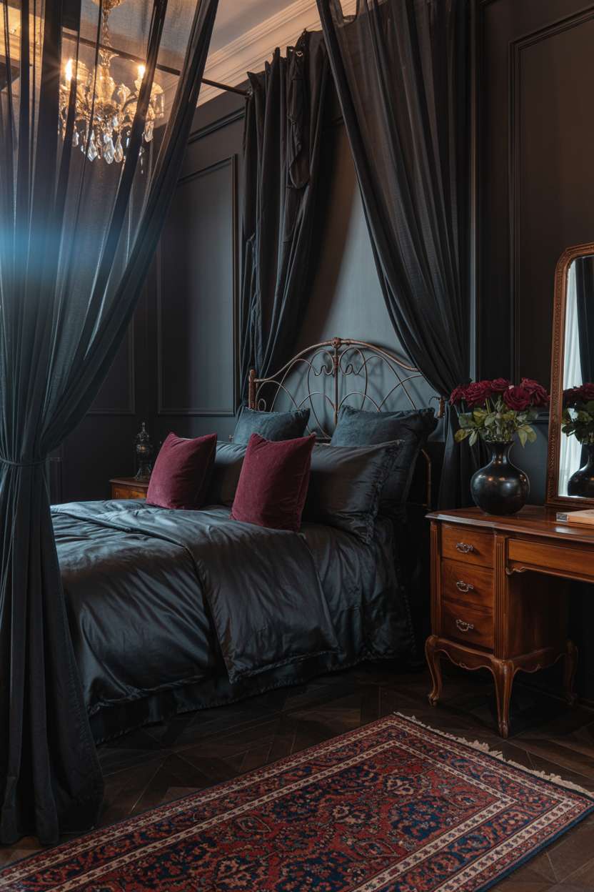 Elegant dark bedroom with wrought iron bed frame and sheer midnight blue curtains