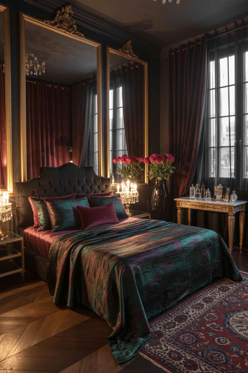 Opulent dark bedroom with dramatic black tufted headboard and burgundy velvet curtains