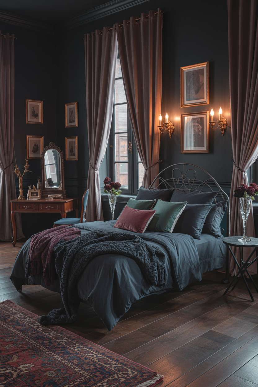 Moody bedroom with ornate black iron bed frame and gothic-inspired artwork in gilded frames