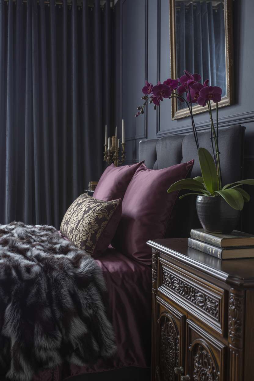 Dark bedroom with charcoal walls and burgundy velvet bedding with gold embroidered pillows