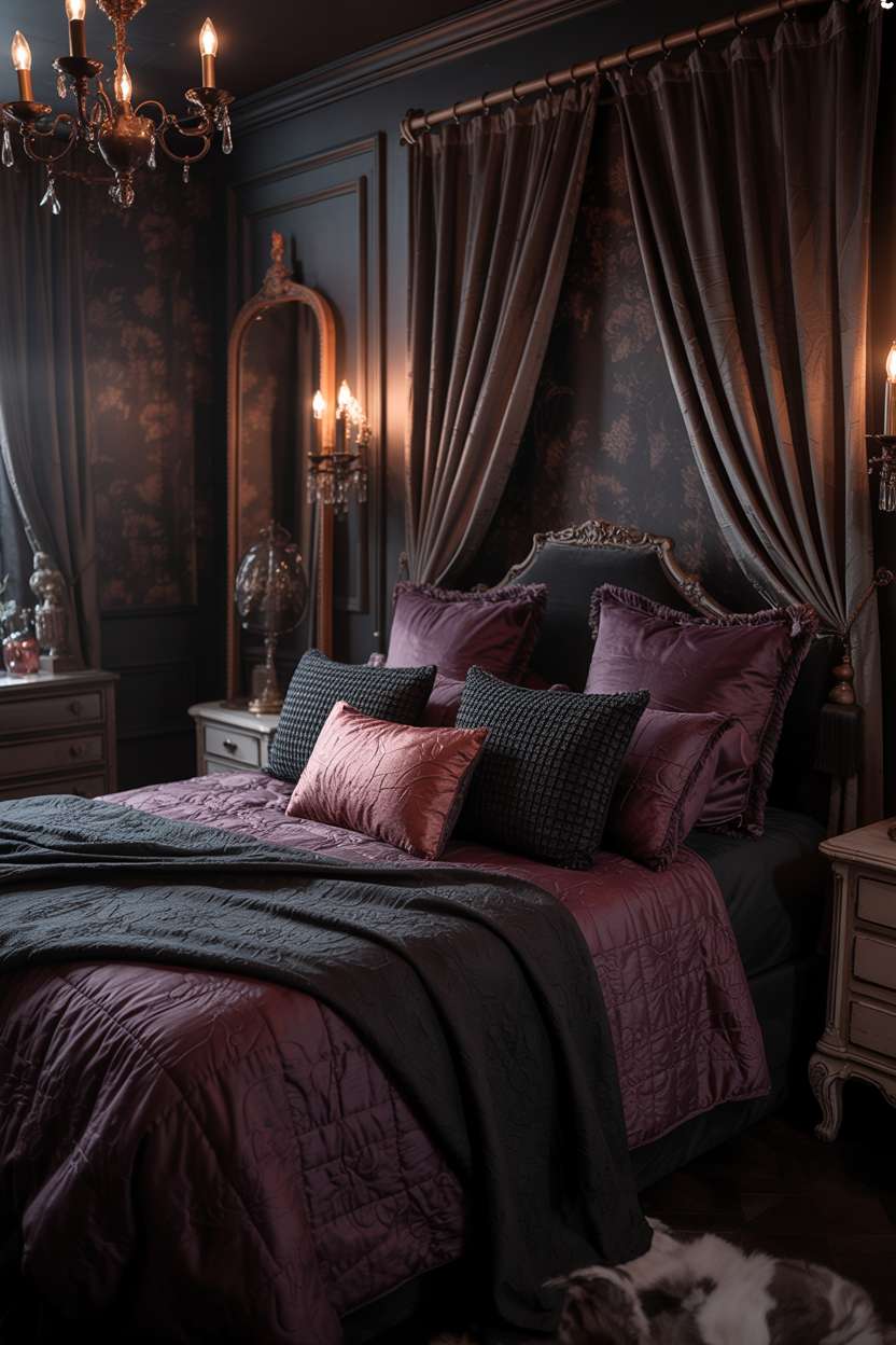 Moody bedroom with deep plum velvet bedding and vintage crystal chandeliers