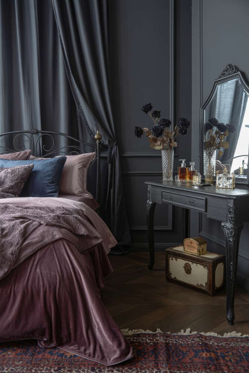 A dark feminine bedroom decor
