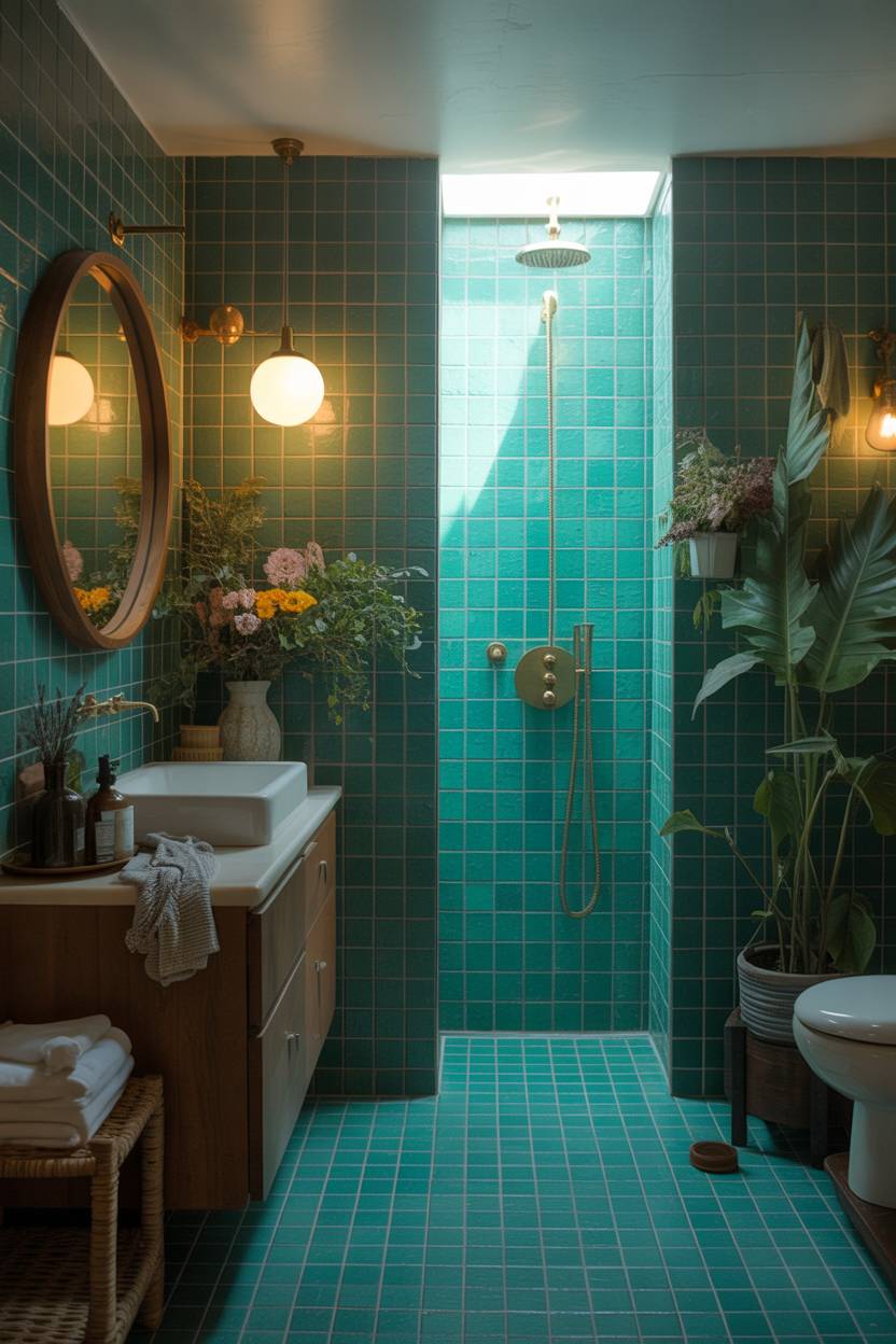 17 Dark Green Bathroom Ideas for a Bold, Stylish Look 1 Luxurious bathroom with turquoise mosaic tiles, circular wooden mirror, and brass fixtures