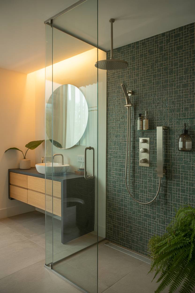 17 Dark Green Bathroom Ideas for a Bold, Stylish Look 2 Modern bathroom featuring dark green mosaic shower tiles with brushed nickel fixtures