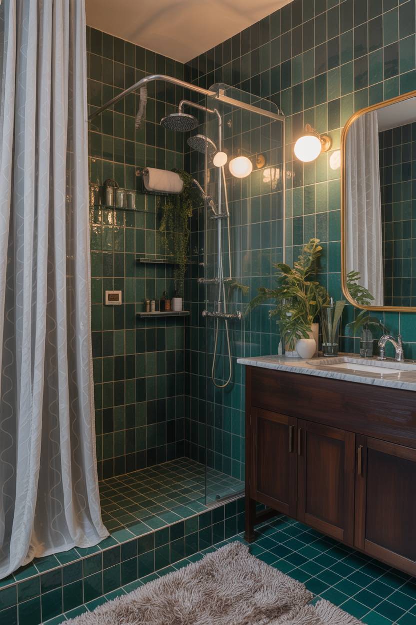 17 Dark Green Bathroom Ideas for a Bold, Stylish Look 3 Bathroom with emerald green tiles and geometric patterned shower curtain