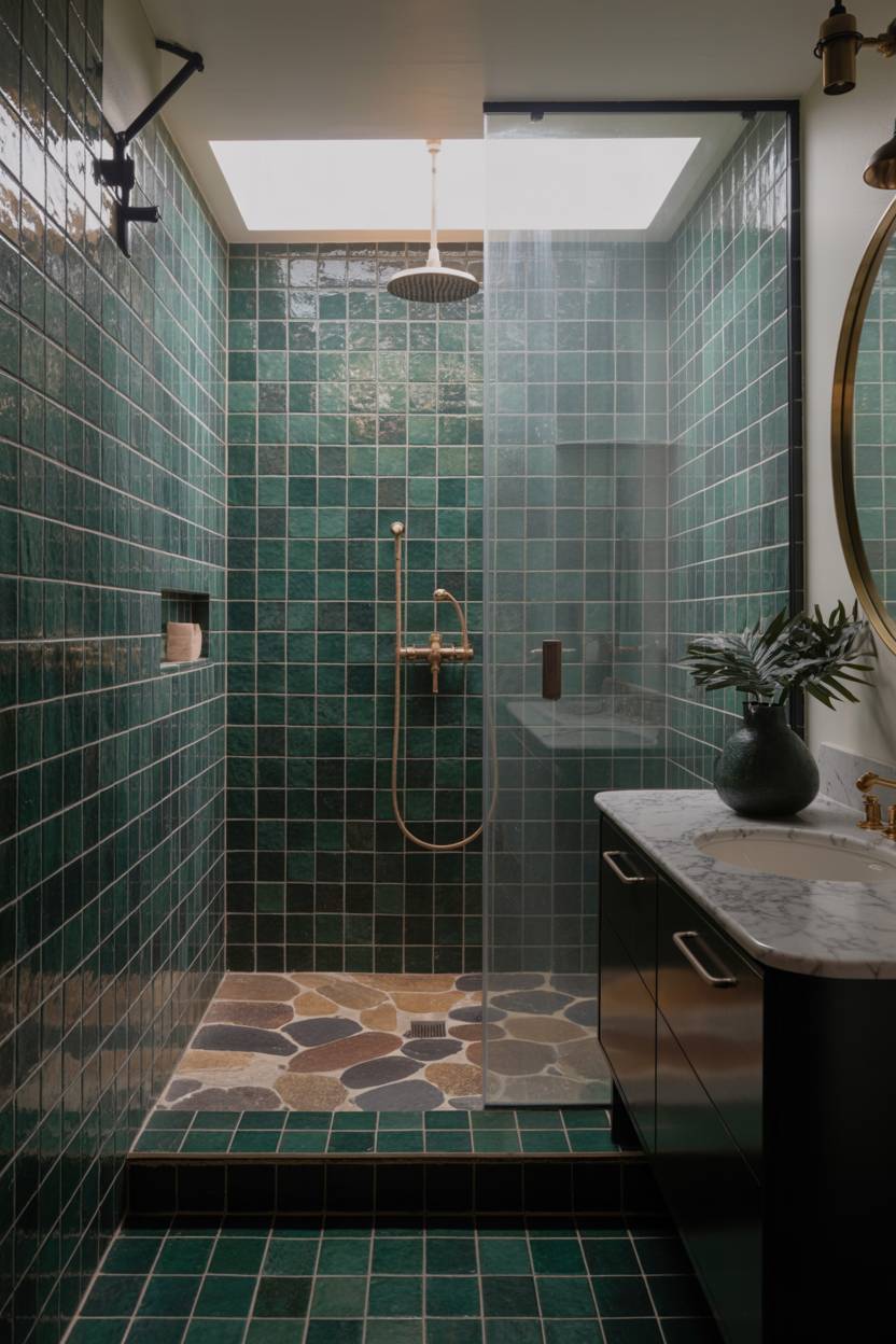 17 Dark Green Bathroom Ideas for a Bold, Stylish Look 4 Spa-like bathroom with dark green tiles and natural stone shower floor