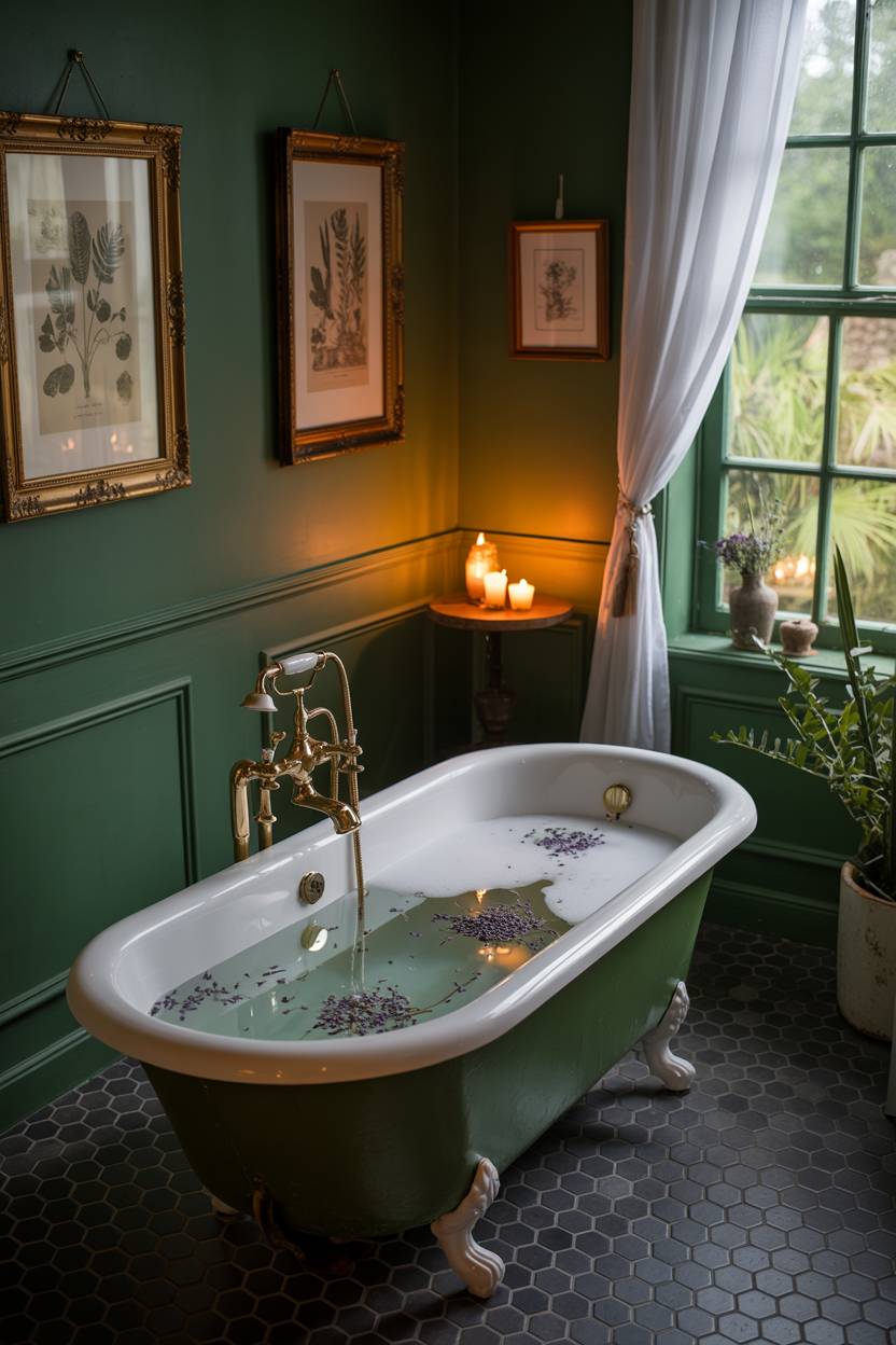 17 Dark Green Bathroom Ideas for a Bold, Stylish Look 5 Small bathroom with forest green walls and clawfoot bathtub with brass fixtures