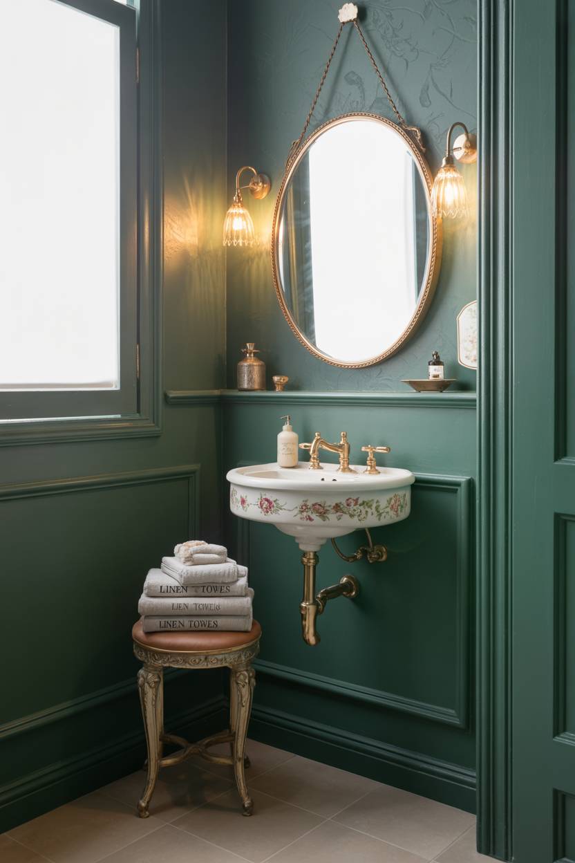 17 Dark Green Bathroom Ideas for a Bold, Stylish Look 7 Half bathroom featuring deep green walls with antique brass oval mirror