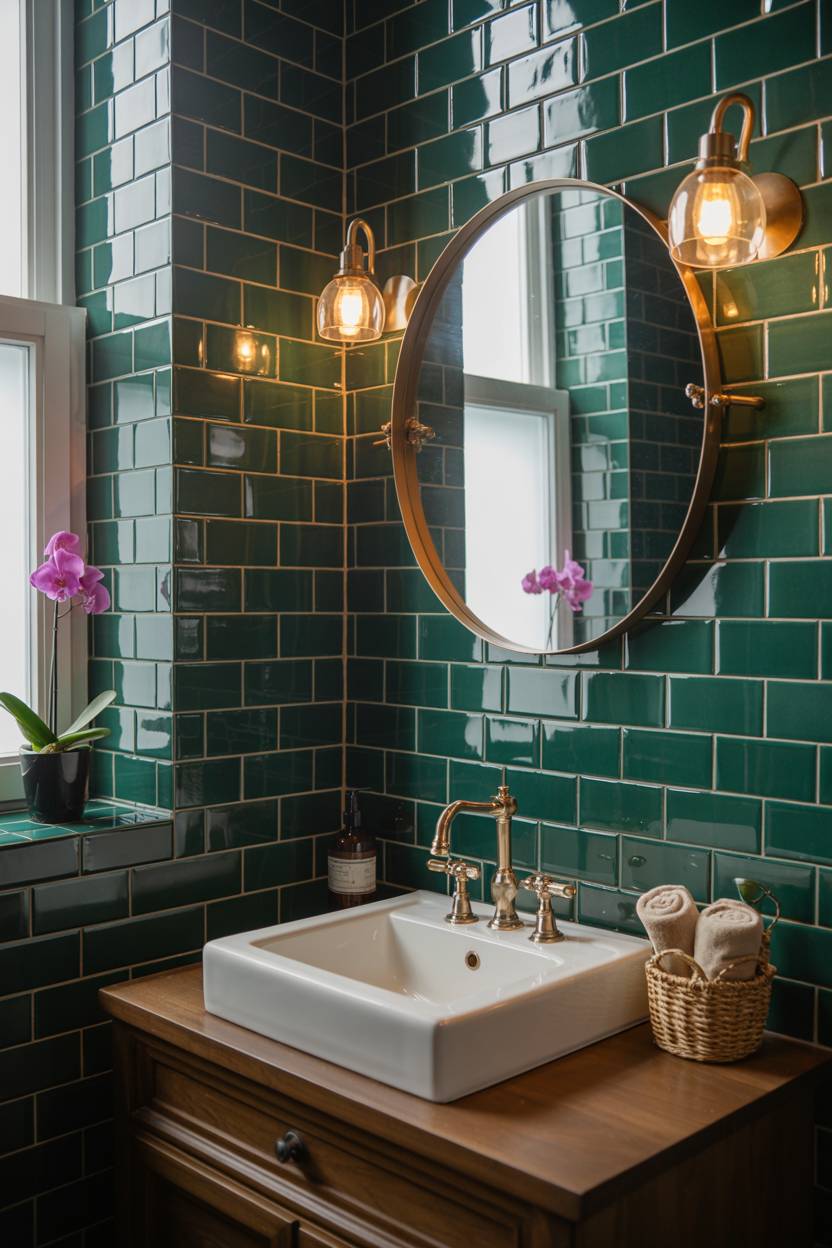 17 Dark Green Bathroom Ideas for a Bold, Stylish Look 8 Half bathroom with emerald green subway tiles and brass accented fixtures