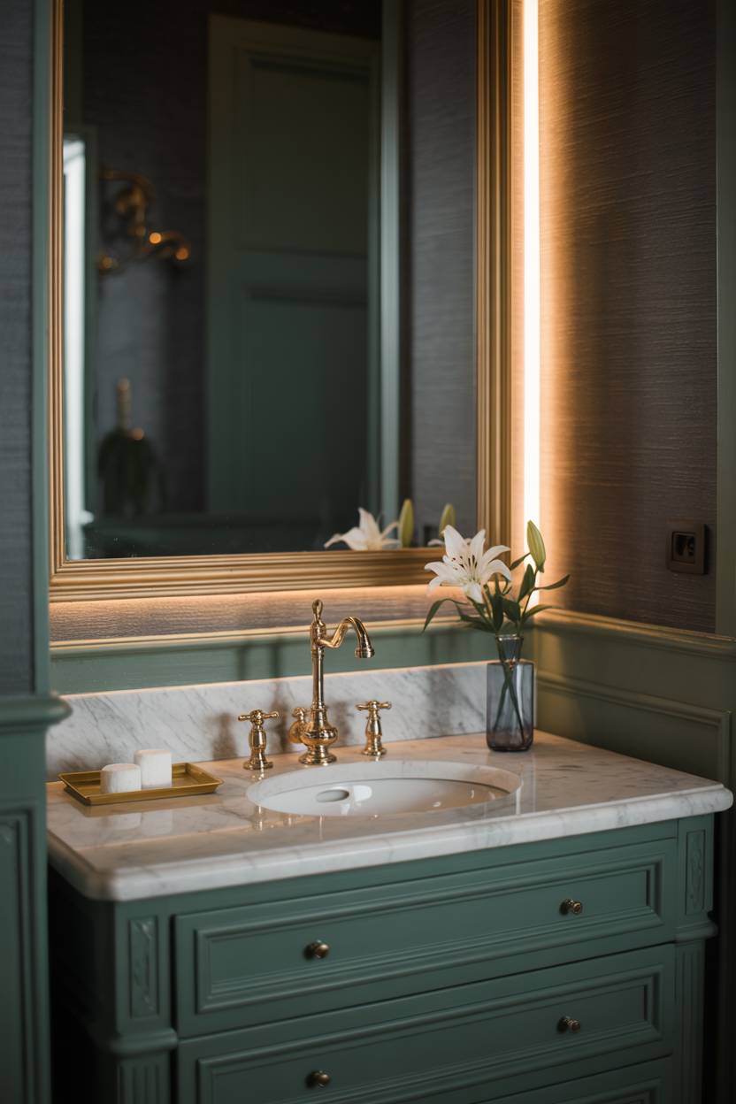 17 Dark Green Bathroom Ideas for a Bold, Stylish Look 9 Bathroom vanity in dark green with marble countertop and gold framed mirror