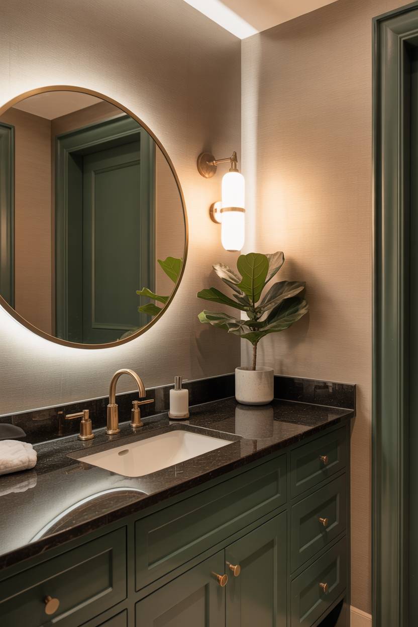 17 Dark Green Bathroom Ideas for a Bold, Stylish Look 10 Modern dark green vanity with granite countertop and round mirror