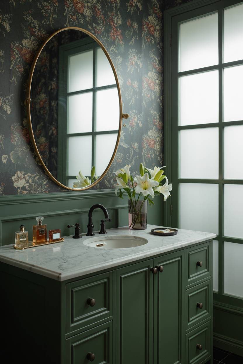 17 Dark Green Bathroom Ideas for a Bold, Stylish Look 11 Luxurious dark green vanity with oval brass mirror and antique perfume bottles