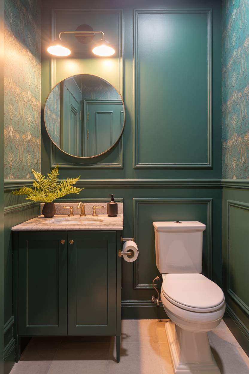 17 Dark Green Bathroom Ideas for a Bold, Stylish Look 12 Half bathroom with dark green walls and geometric teal wallpaper pattern