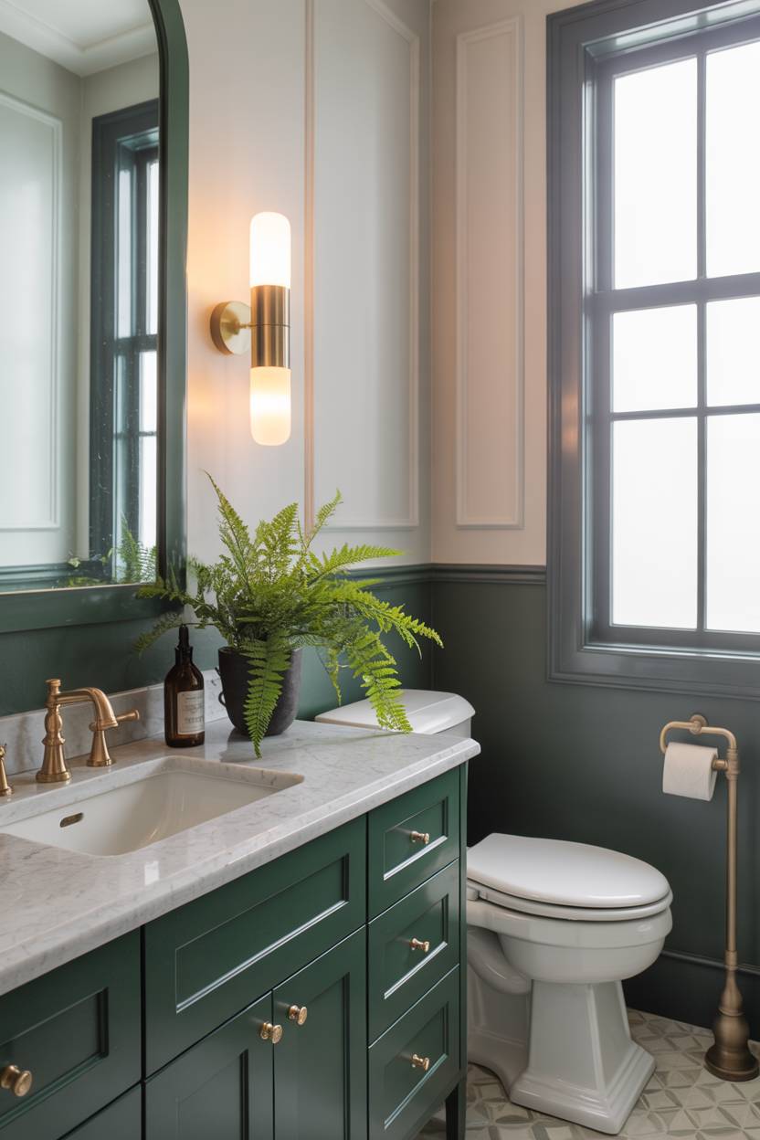 17 Dark Green Bathroom Ideas for a Bold, Stylish Look 13 Modern bathroom with dark green accents and white geometric wall patterns