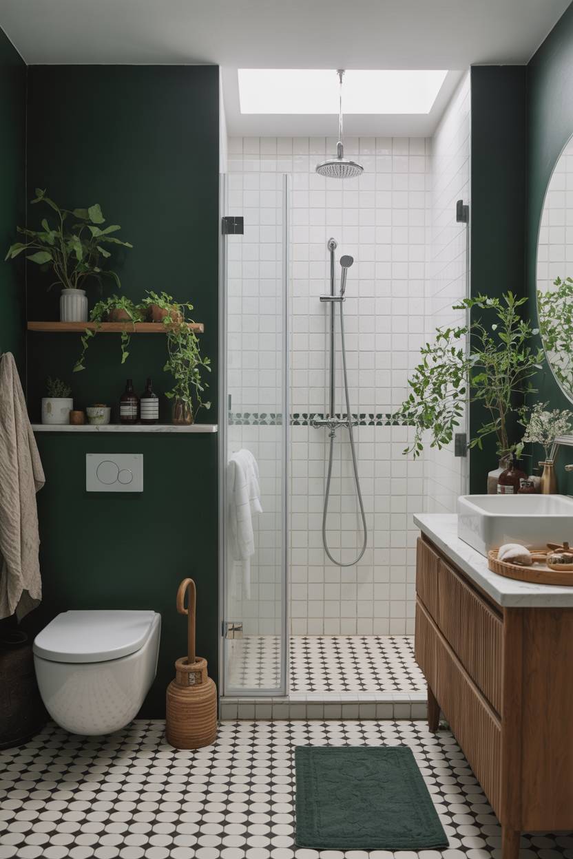 17 Dark Green Bathroom Ideas for a Bold, Stylish Look 14 Luxury bathroom with forest green walls and black and white hexagonal tile flooring