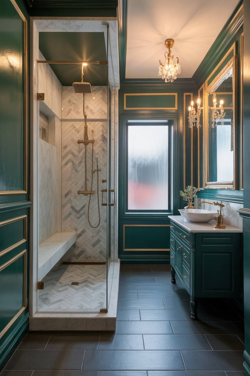 17 Dark Green Bathroom Ideas for a Bold, Stylish Look 15 Luxurious bathroom with emerald green walls and gold trim accents