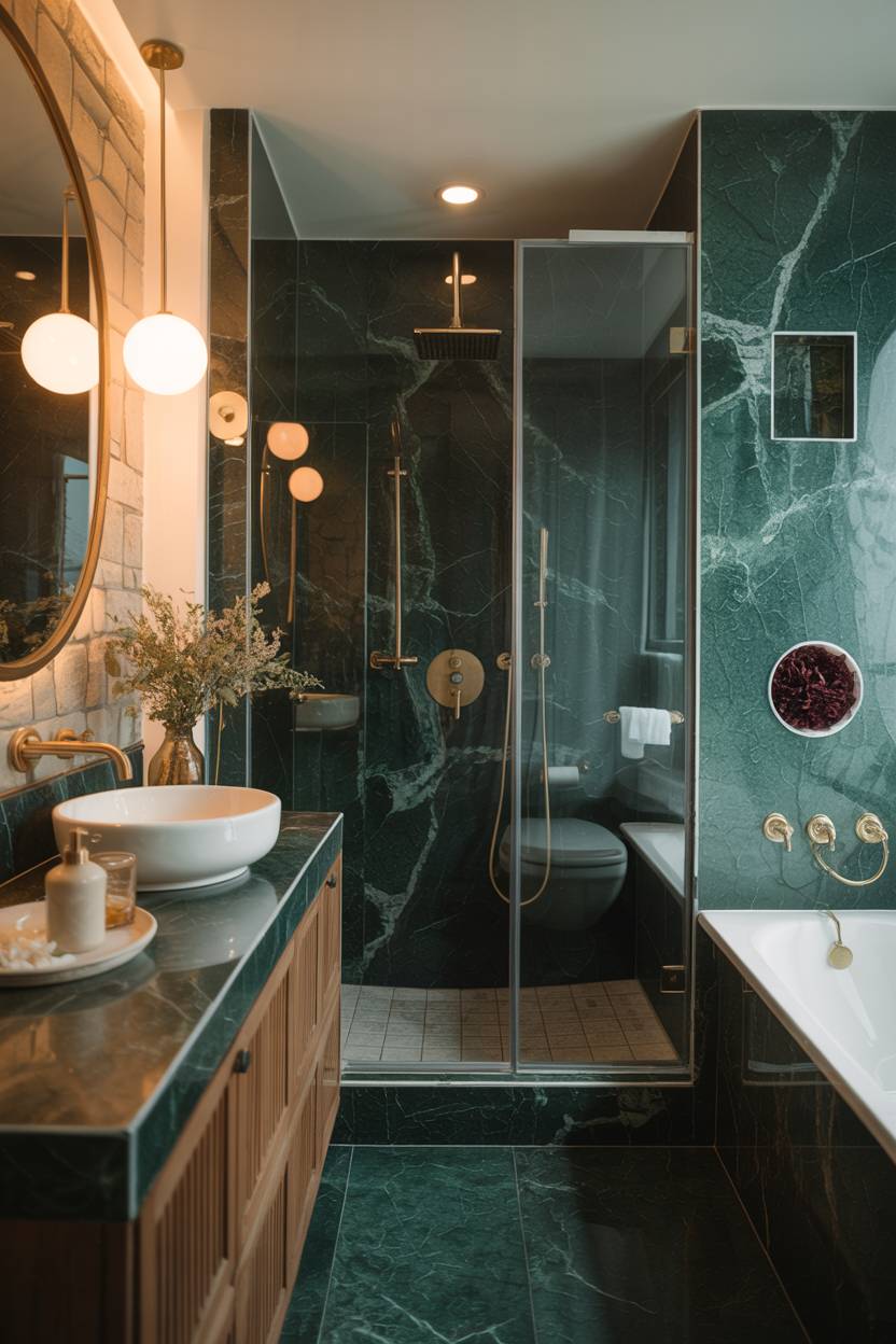 17 Dark Green Bathroom Ideas for a Bold, Stylish Look 16 Modern bathroom with emerald green marble walls and brass pendant lights
