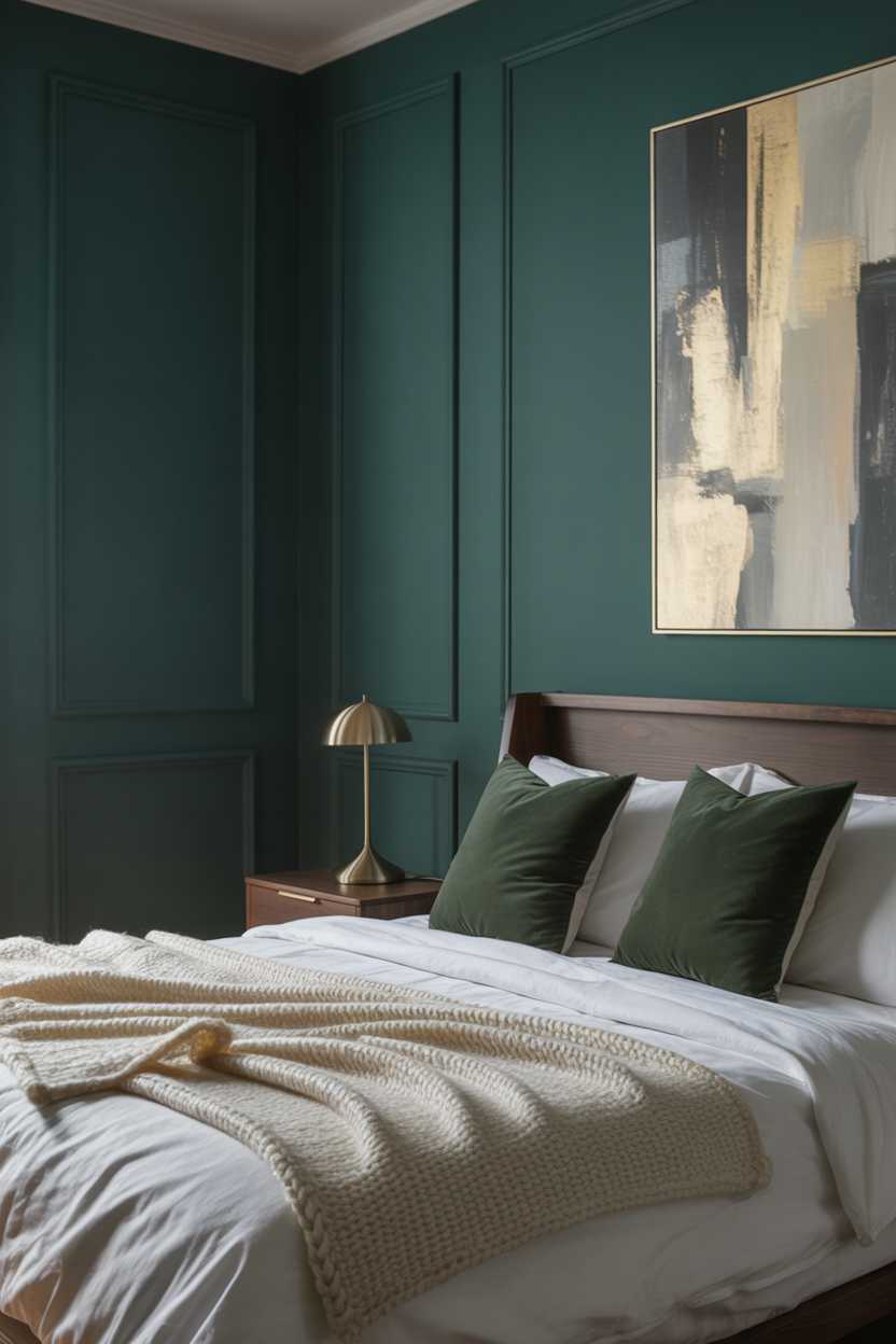 27 Dreamy Dark Green Bedroom Ideas for Stylish Comfort 1 A modern bedroom with dark green walls, white linens, and soft ambient lighting