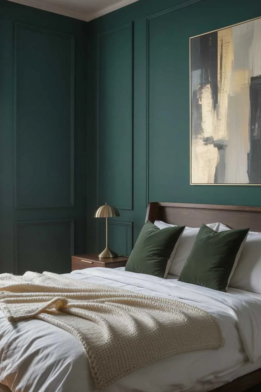 27 Dreamy Dark Green Bedroom Ideas for Stylish Comfort 1 A modern bedroom with dark green walls, white linens, and soft ambient lighting