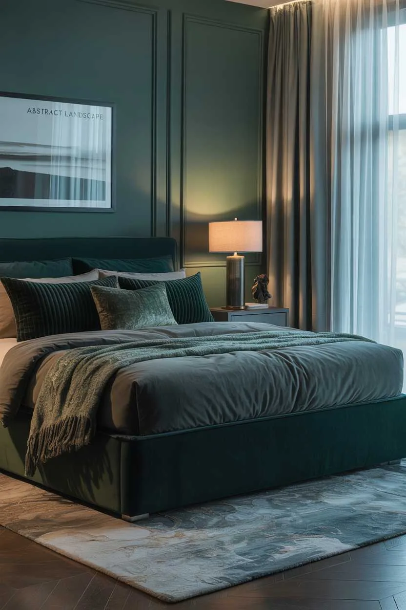 27 Dreamy Dark Green Bedroom Ideas for Stylish Comfort 2 A dark green bedroom with velvet pillows and sheer white curtains