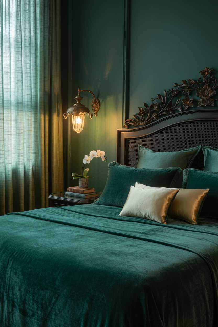 27 Dreamy Dark Green Bedroom Ideas for Stylish Comfort 3 A dark green bedroom with velvet bedding and gold silk pillows