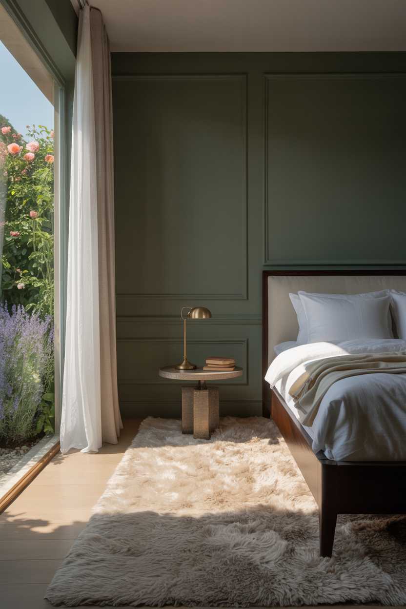 27 Dreamy Dark Green Bedroom Ideas for Stylish Comfort 4 A dark green bedroom with cream rug and natural light
