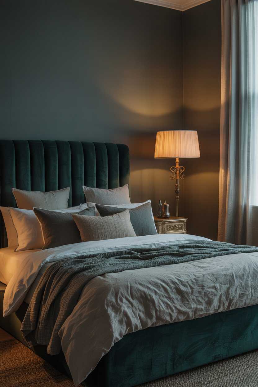 27 Dreamy Dark Green Bedroom Ideas for Stylish Comfort 5 A dark green bedroom with velvet headboard and grey bedding