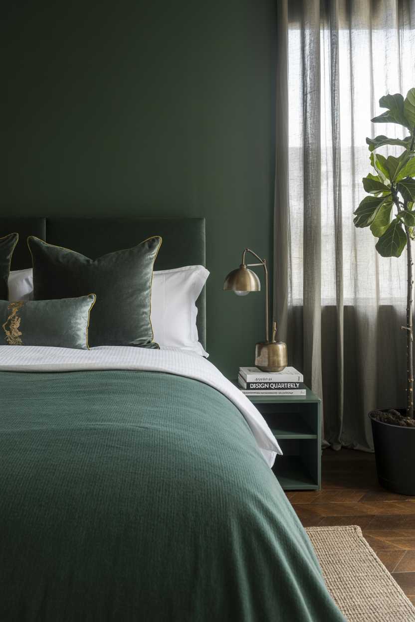 27 Dreamy Dark Green Bedroom Ideas for Stylish Comfort 6 A dark green bedroom with white sheets and gold accent pillows
