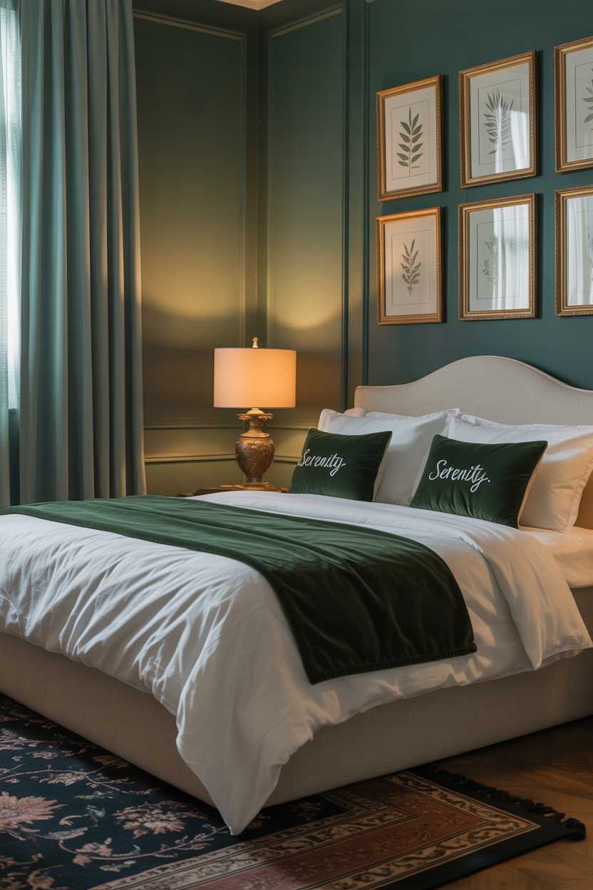 27 Dreamy Dark Green Bedroom Ideas for Stylish Comfort 7 A dark green bedroom with white linens and botanical prints