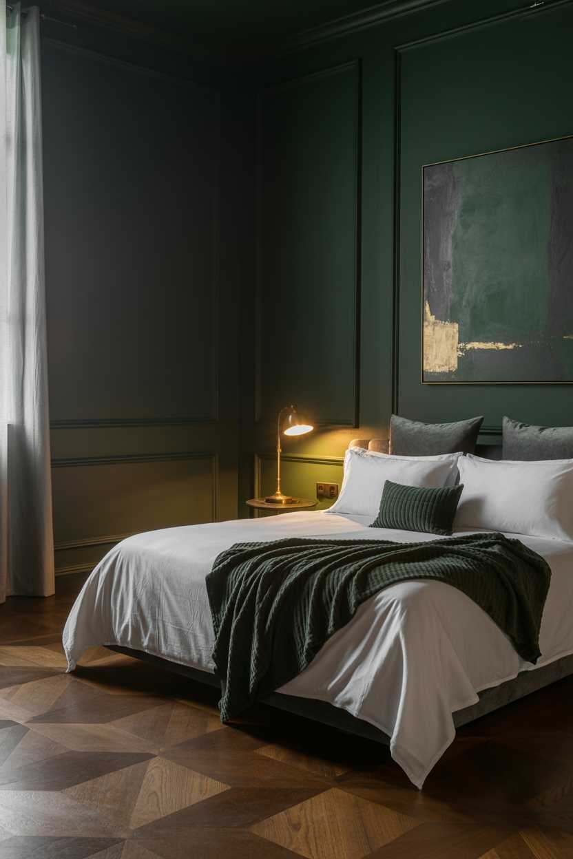 27 Dreamy Dark Green Bedroom Ideas for Stylish Comfort 8 A dark green bedroom with minimalist style and gray pillows