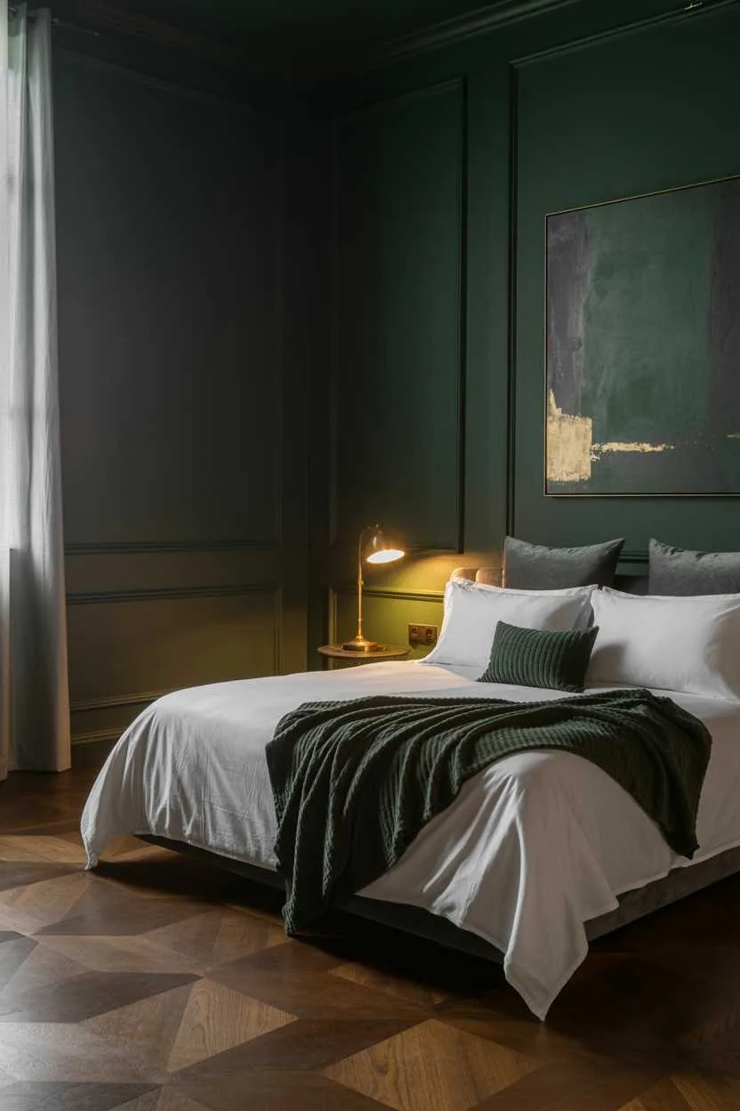 27 Dreamy Dark Green Bedroom Ideas for Stylish Comfort 8 A dark green bedroom with minimalist style and gray pillows