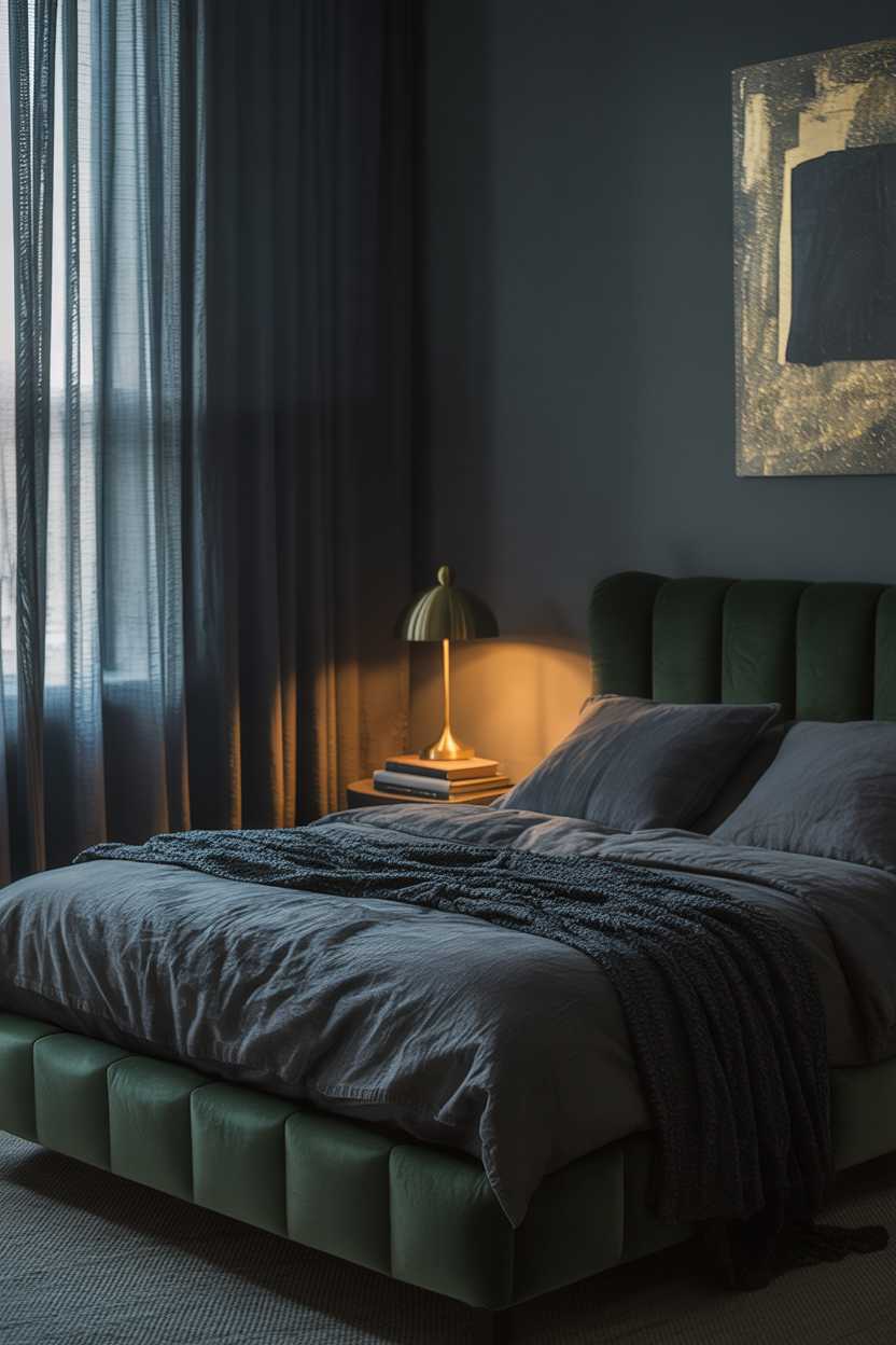 27 Dreamy Dark Green Bedroom Ideas for Stylish Comfort 9 A moody dark green bedroom with gray linens and soft lighting