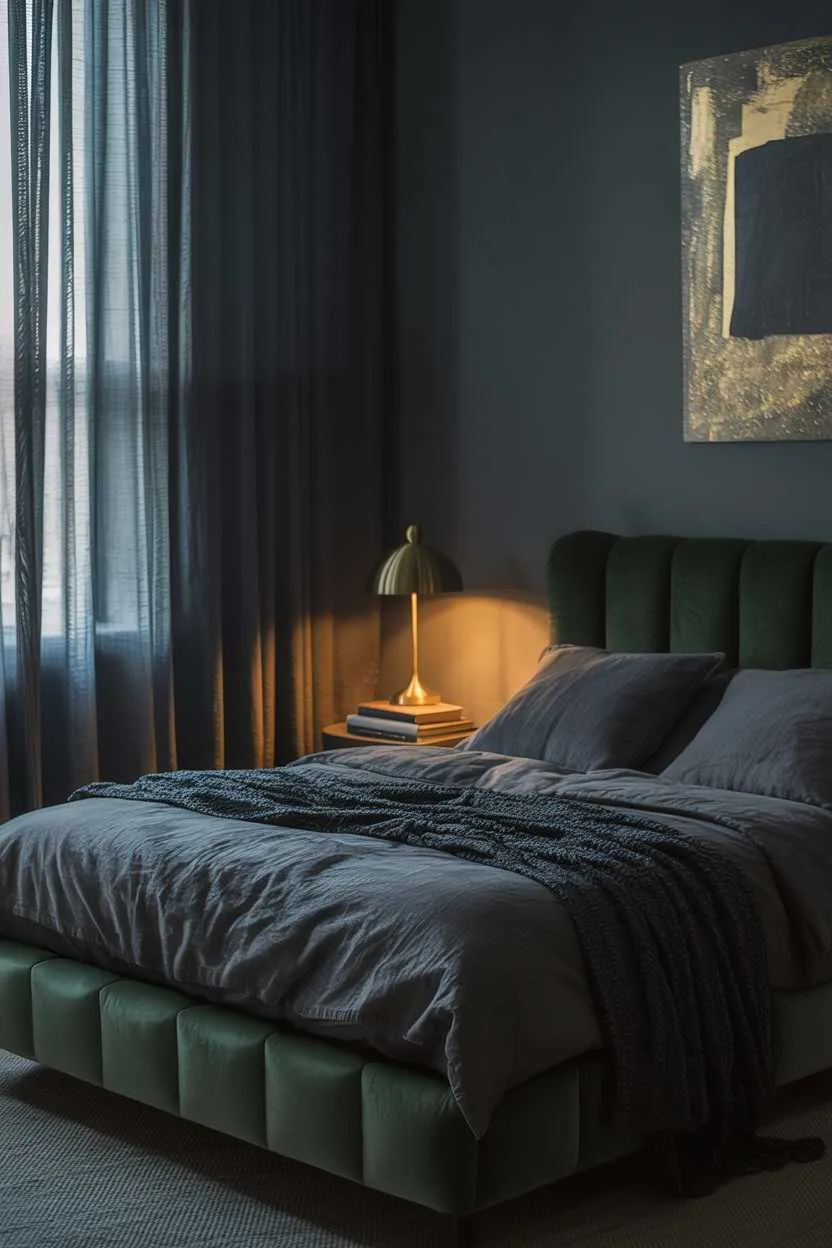 27 Dreamy Dark Green Bedroom Ideas for Stylish Comfort 9 A moody dark green bedroom with gray linens and soft lighting