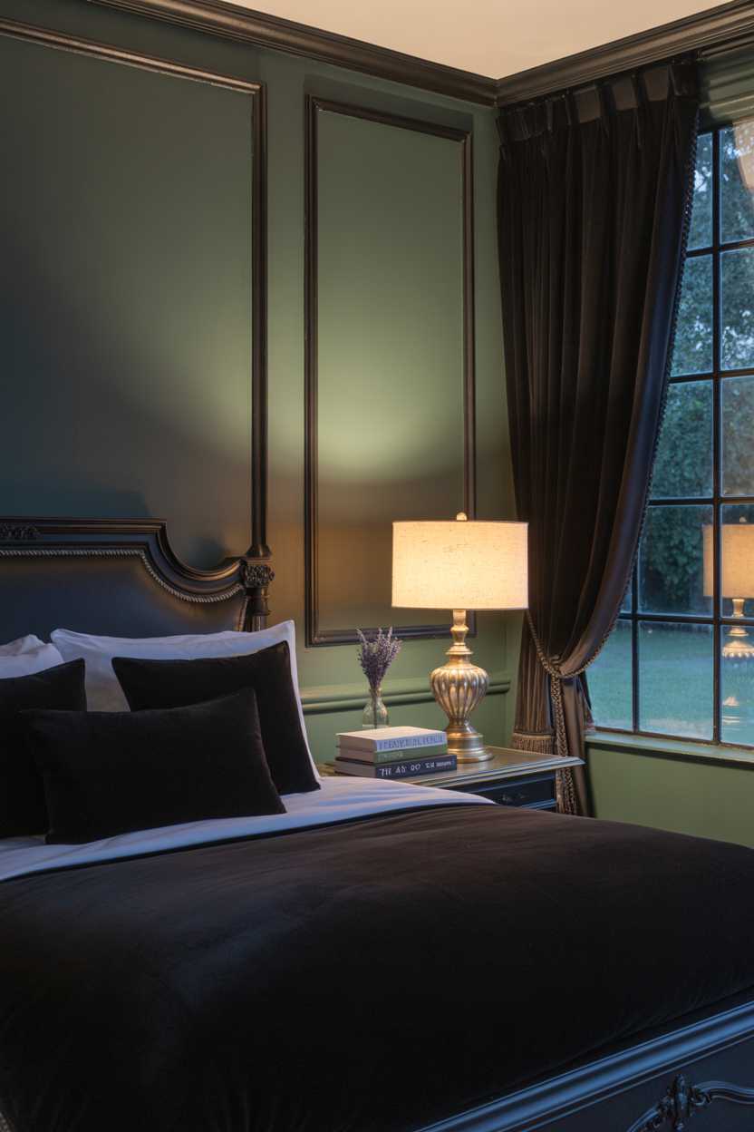27 Dreamy Dark Green Bedroom Ideas for Stylish Comfort 10 A dark green bedroom with black velvet bedspread and wooden accents