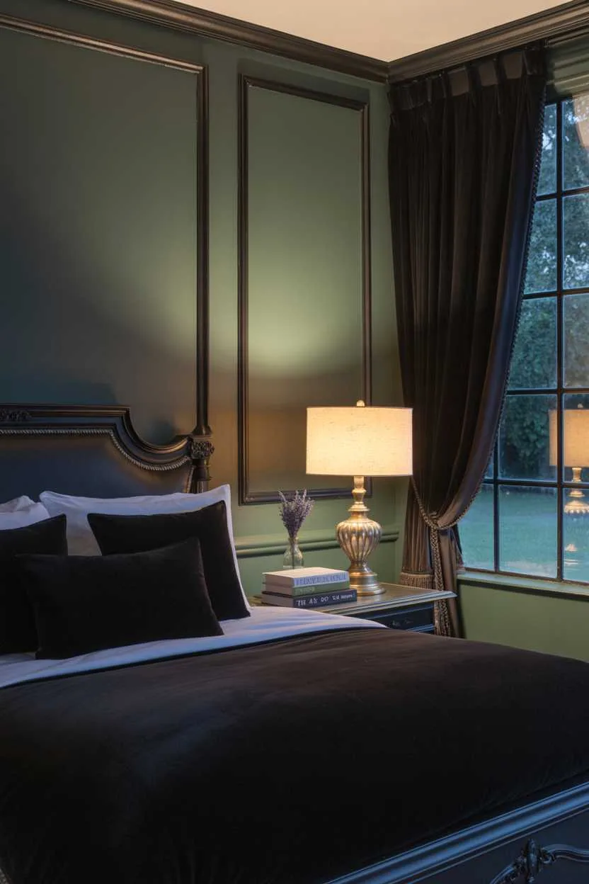 27 Dreamy Dark Green Bedroom Ideas for Stylish Comfort 10 A dark green bedroom with black velvet bedspread and wooden accents