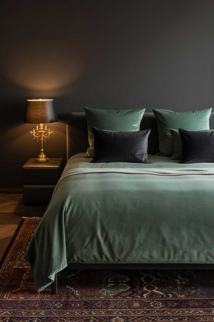 27 Dreamy Dark Green Bedroom Ideas for Stylish Comfort 11 A dark green bedroom with black silk pillows and Persian rug