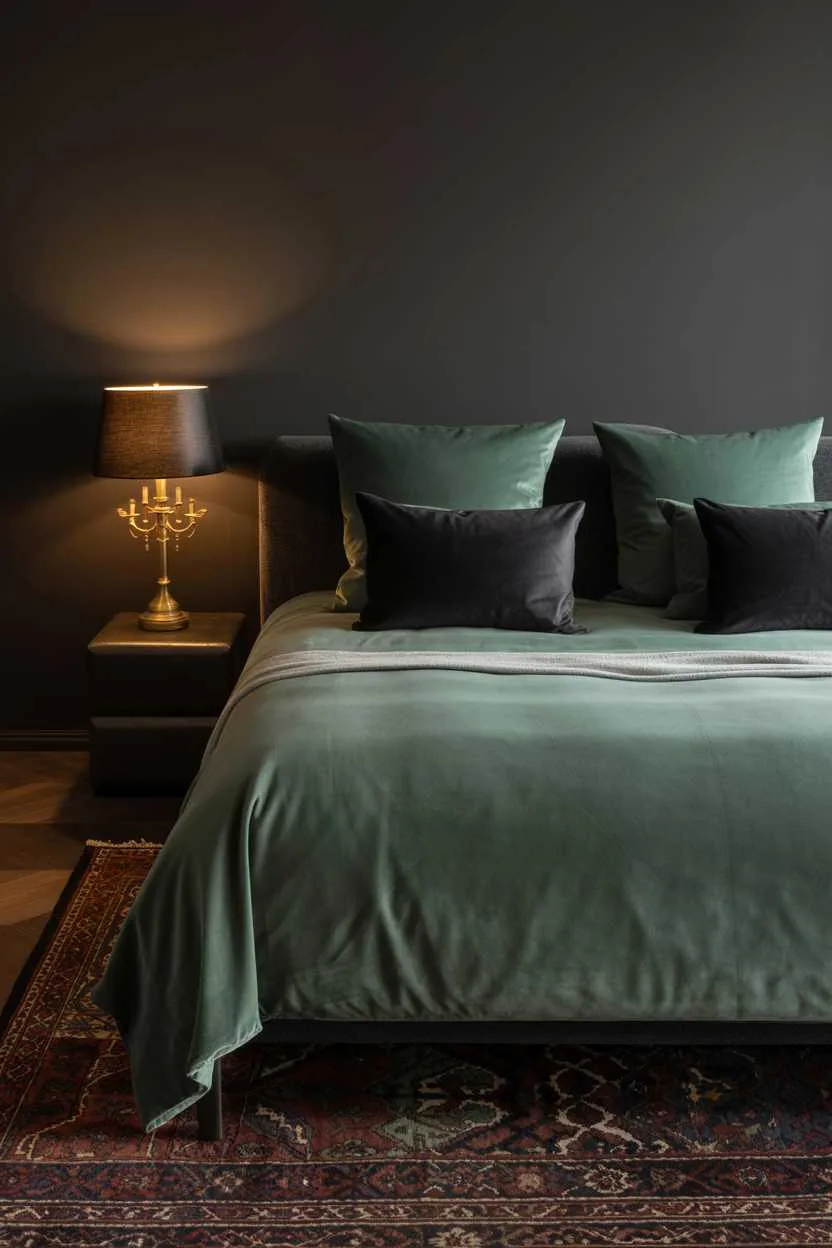 27 Dreamy Dark Green Bedroom Ideas for Stylish Comfort 11 A dark green bedroom with black silk pillows and Persian rug