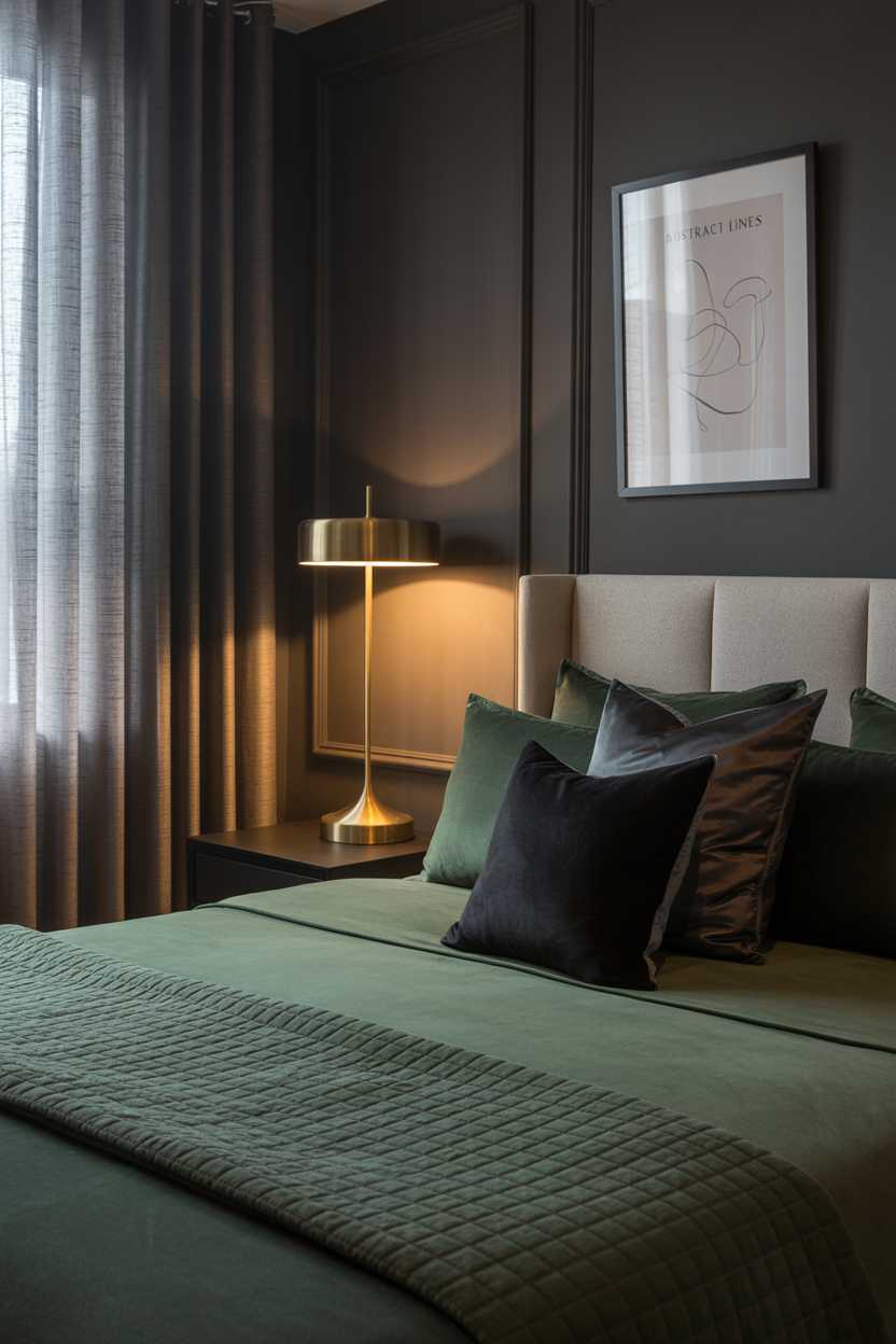 27 Dreamy Dark Green Bedroom Ideas for Stylish Comfort 12 A dark green bedroom with black silk pillows and abstract print