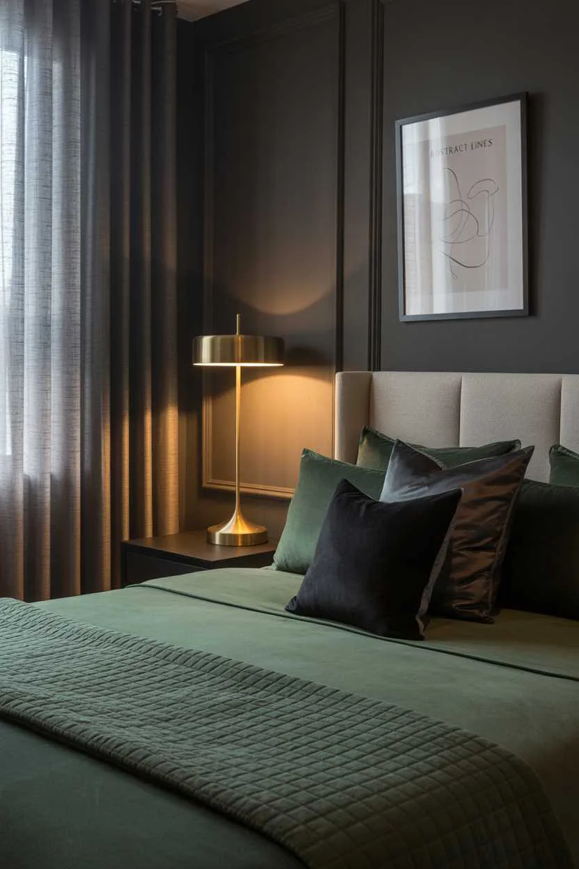 27 Dreamy Dark Green Bedroom Ideas for Stylish Comfort 12 A dark green bedroom with black silk pillows and abstract print