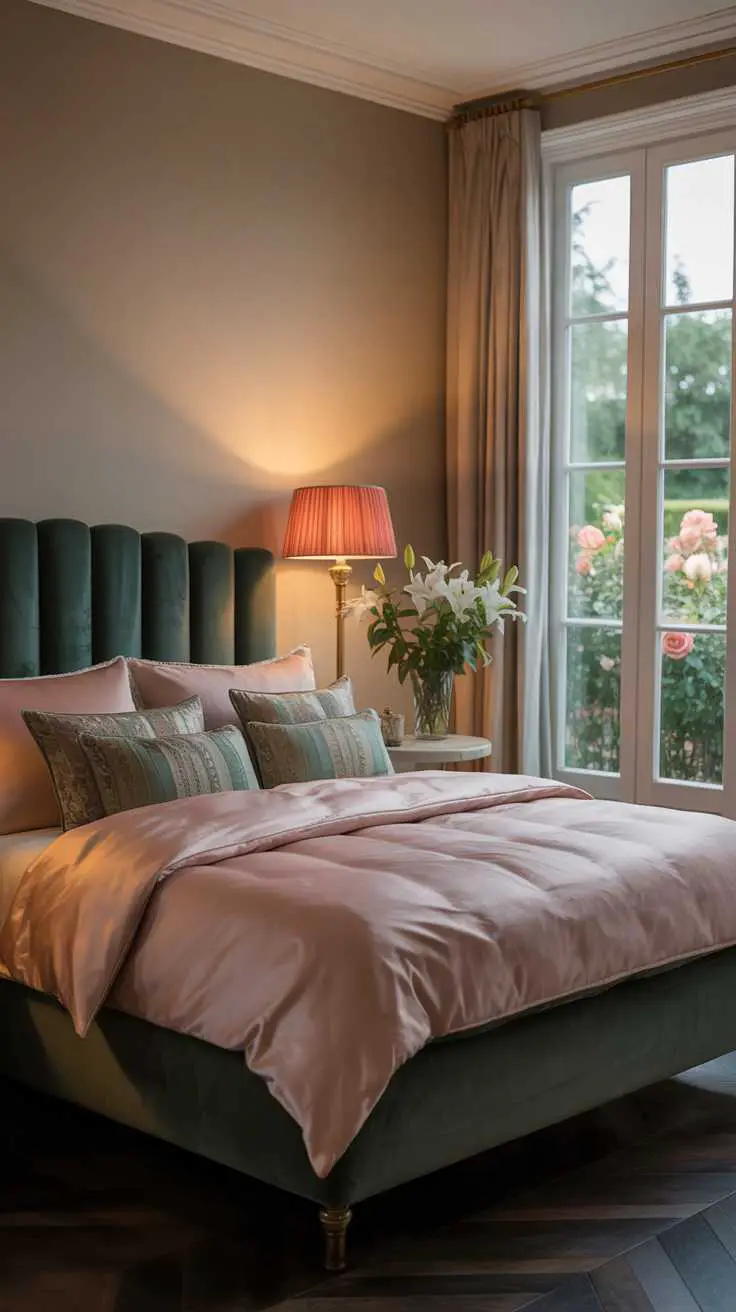 27 Dreamy Dark Green Bedroom Ideas for Stylish Comfort 13 A bedroom with dark green headboard and pink silk duvet