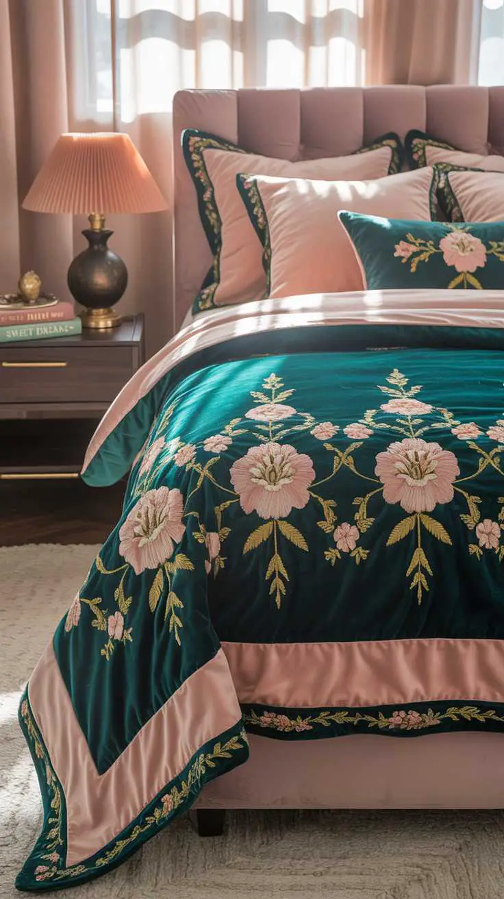 27 Dreamy Dark Green Bedroom Ideas for Stylish Comfort 14 A bedroom with dark green and blush pink bedding with floral patterns