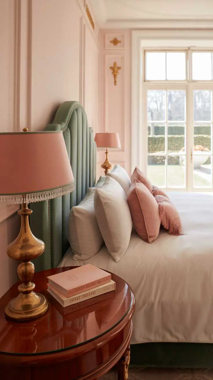 27 Dreamy Dark Green Bedroom Ideas for Stylish Comfort 15 A bedroom with dark green velvet headboard and blush pink walls